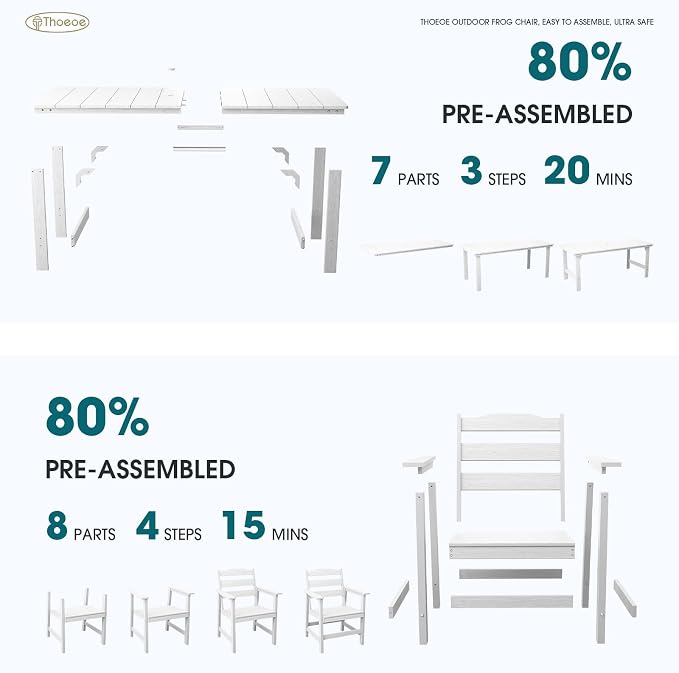 THOEOE 7 Piece Outdoor Dining Set, Patio Dining Table and 6 Chairs, All-Aluminum Frame, All-Weather HDPE Outdoor Furniture with Umbrella Hole for Garden, Lawn, Poolside, White