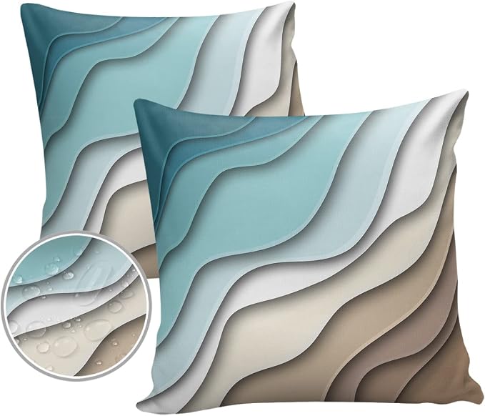 Ombre Abstract Geometry Gradient Teal to Brown Outdoor Waterproof Throw Pillow Covers 24 x 24 Inch Set of 2, Pillowcases Decorative Square Cushion Cases for Patio Furniture Couch Porch Garden