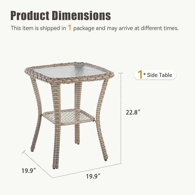 Patio Tables Wicker Side Table, Square Rattan Coffee End Table Outdoor with Storage, Tempered Glass Top Patio Side Tables for Deck Porch Sunroom Backyard