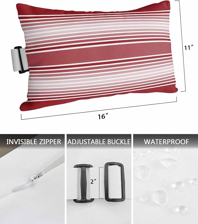 Pack of 2 Outdoor Lumbar Pillow Covers 11x16 Inch, Red Striped Waterproof Throw Pillow Covers Set, Red Ombre Farmhouse Stripes Indoor&Outdoor Decorative Cushion Cases for Patio Porch Car