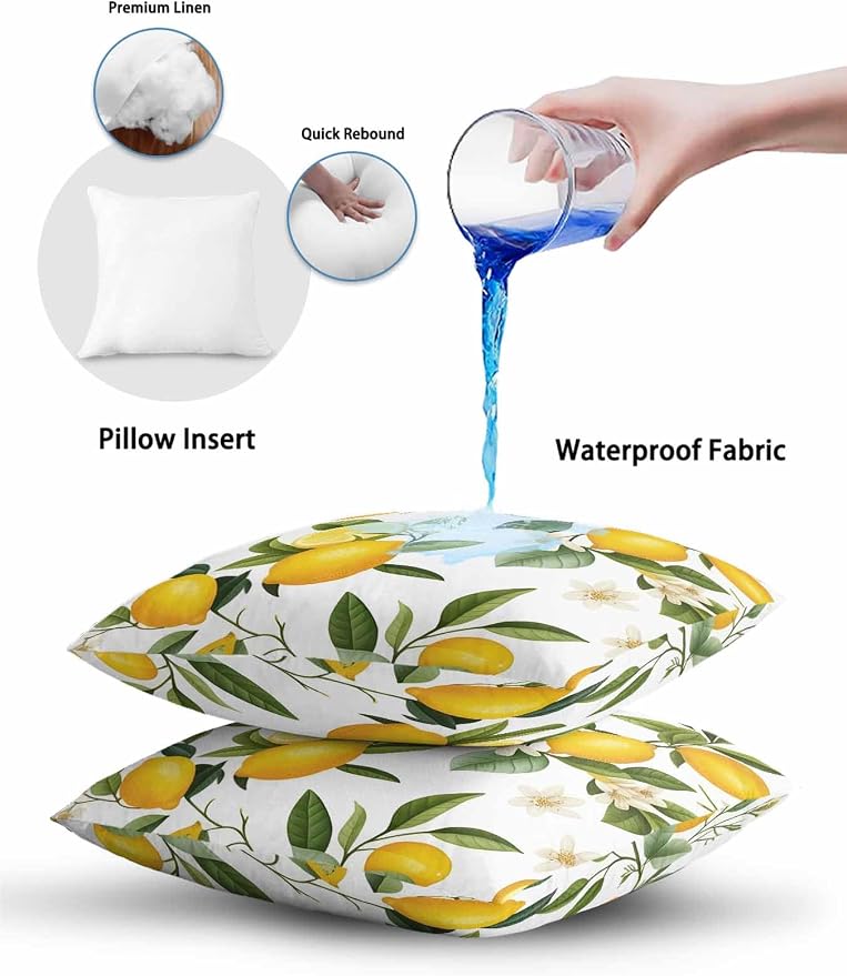 Outdoor Waterproof Throw Pillows Watercolor Lemon Green Leaves Flower Patio Pillows Pack of 2,Decorative Pillow Covers with Insert,Pillow Cushion Case for Garden Couch Sofa Farm Fruit Harvest