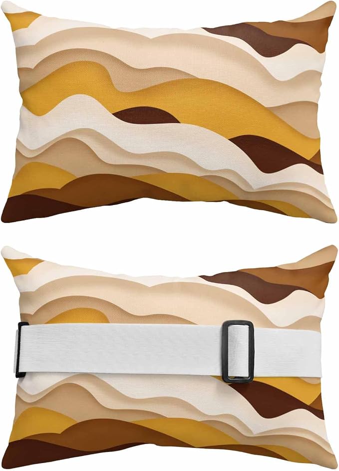 Chaise Lounge Head Resting Pillows,Orange Brown Ombre Abstract Geometric Ocean Waves Outdoor Chaise Pillows,Waterproof Patio Furniture Pillows with Insert and Adjustable Elastic Strap for Beach Chair