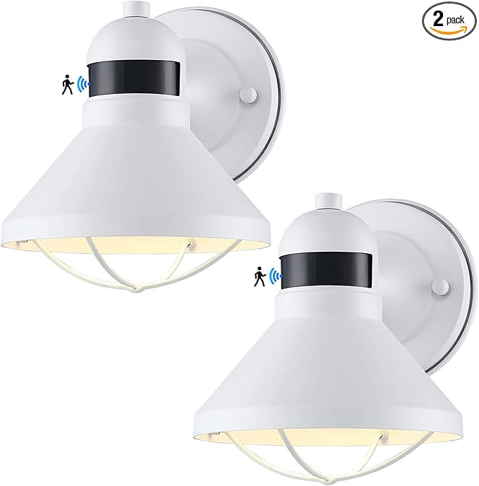2 Pack Dusk Dawn Motion Sensor Outdoor LED Porch Light Fixtures | Exterior Wall Sconce White Outside Barn Lightings Rustic Wall Mount Lantern for House Patio Garage Farmhouse Entryway