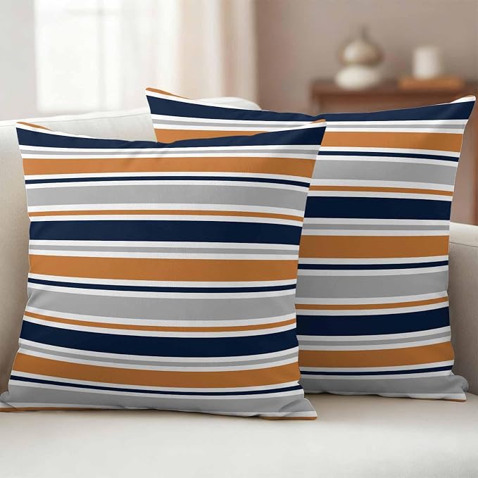Orange Grey Striped Outdoor Pillow Cover 16x16 Inch Cushion Sham Case, Farmhouse Stripes Modern Abstract Art Waterproof Decorative Square Throw Pillowcase for Outside Garden Patio Porch Couch Chair