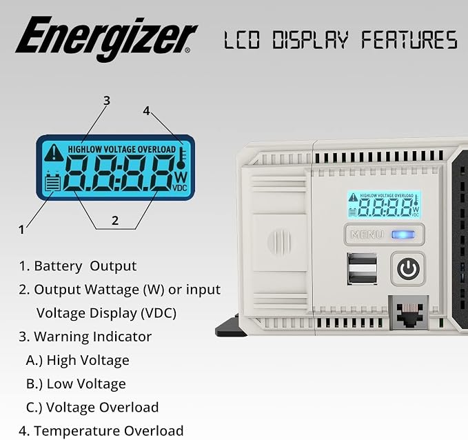 Energizer 2000 Watts Pure Sine Wave Power Inverter 12V DC to 110V/120V Converter for Family RV Off Grid Solar System with Dual USB Ports LCD Display & Installation Kit Included