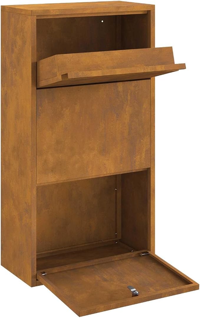 Weathering Steel Parcel Drop Box, Secure Large Capacity Package Delivery Locker with Lock for Porch Garden Outdoor Mail Receiving, 17.32 x 8.66 x 32.28 in