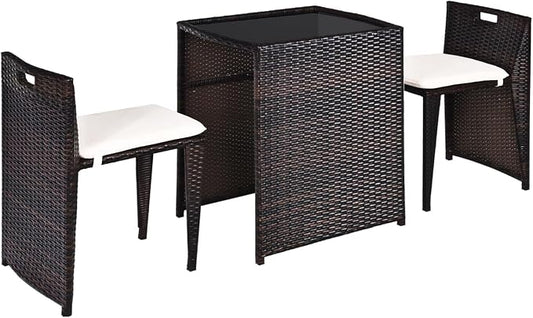 HAPPYGRILL 3 Pieces Wicker Patio Bistro Set, Outdoor Rattan Dining Set, Patio Furniture Set with Cushions for Yard Deck Garden Poolside
