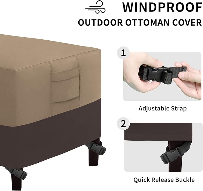 Easy-Going Outdoor Ottoman Cover, Waterproof Patio Ottoman Cover, Heavy Duty Outdoor Furniture Cover with Padded Handles (22"x22"x17", Camel/Dark Brown)
