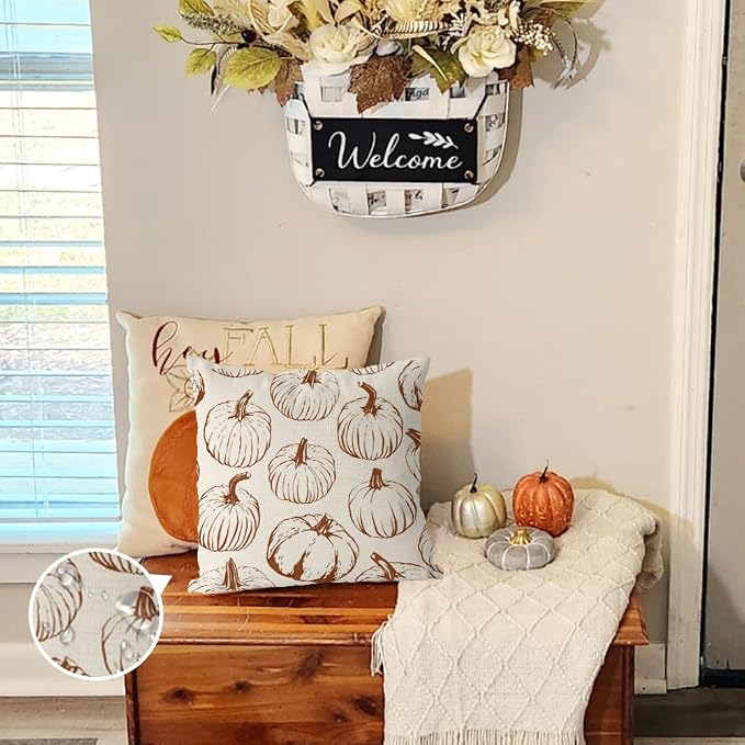 RABUSOFA Fall Pillow Covers 20x20 inch Set of 2 Outdoor Waterproof Fall Decorations Orange Lines Pumpkin Decor White Autumn Cushion Covers Thanksgiving Decoration for Home Couch