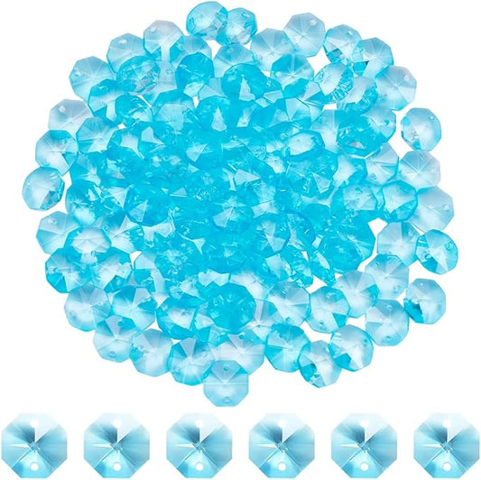1 Box 120Pcs Light Blue 14mm Crystal Glass Octagon Beads Suncatcher Prism Beads Bulk 2 Hole Prism Chandelier Replacement Connector Faceted Spacers for DIY Lamp Hanging Pendant Jewelry Craft