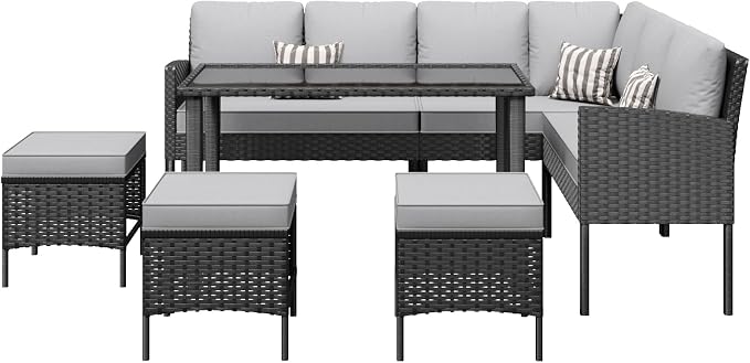 7-Piece Patio Furniture Set with Cushions and Pillows, Outdoor Wicker Sectional Sofa with Long Glass Coffee Table, All-Weather Conversation Set for Garden, Porch, Lawn, Gray