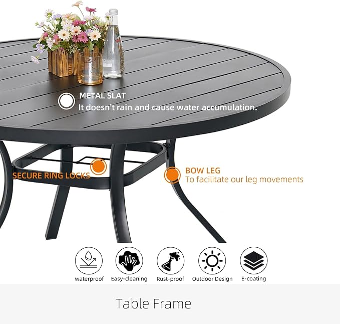 Patio Dining Set, 41" Outdoor Metal Table and 4PCS Aluminum Chairs | Round Patio Table, 1.6" & 1.9" Adjustable Umbrella Hole, Patio Dining Chair with Resin Seat and Aluminum Frame