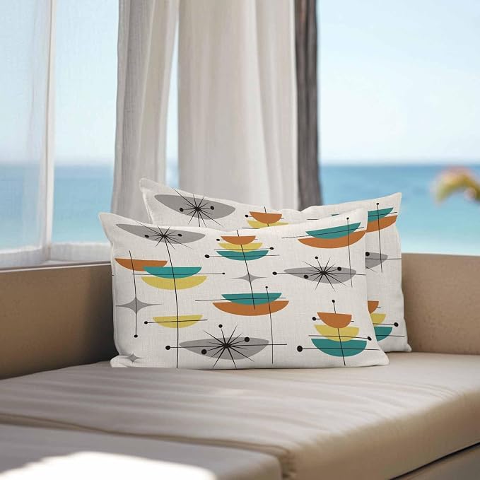 Vandarllin Outdoor Throw Pillows Covers 20x12 inch Set of 2 Waterproof Boho Mid Century Decorative Zippered Cushion Covers for Patio Furniture, Yellow Orange Geometric Abstract Lumbar Pillowcases