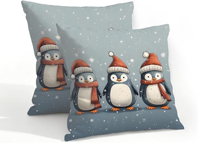 18x18 Inch Outdoor Pillow Covers Set of 2 Waterproof Throw Pillow Covers Decorative Couch Cushion Covers Christmas Penguin Square Pillowcases Protectors for Patio Garden Sofa