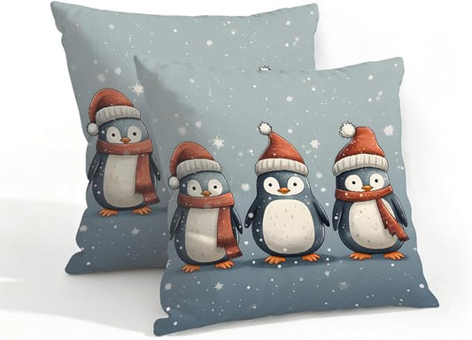 18x18 Inch Outdoor Pillow Covers Set of 2 Waterproof Throw Pillow Covers Decorative Couch Cushion Covers Christmas Penguin Square Pillowcases Protectors for Patio Garden Sofa