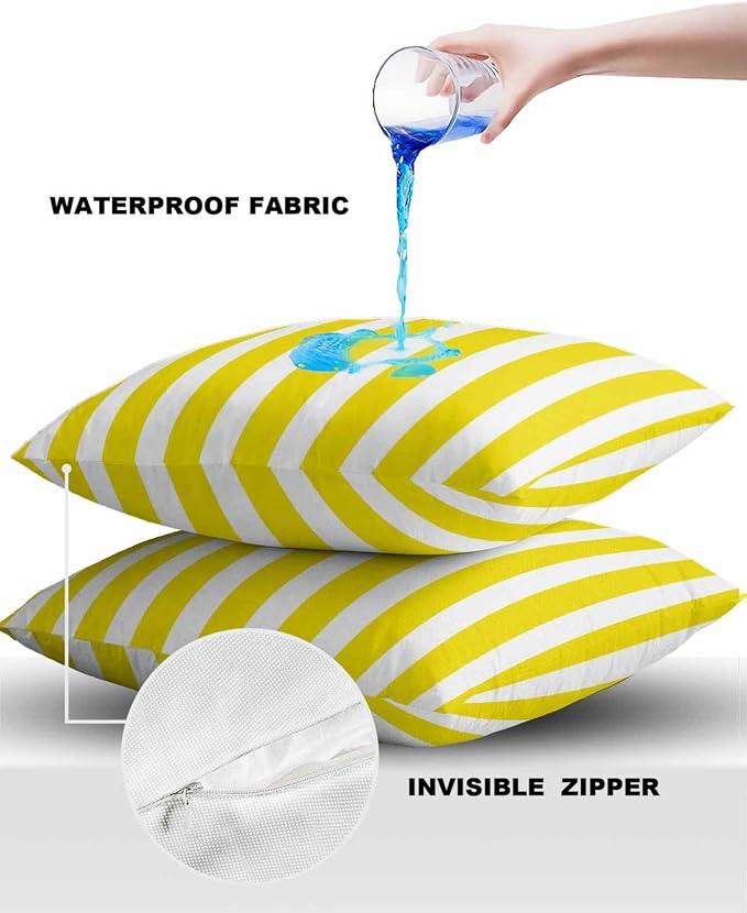 Outdoor Waterproof Throw Pillow Covers 24x24in, Striped Line Yellow Cushions for Garden Patio Furniture Chairs Set of 2, Geometric Texture Home Decor Couch Sofa Polyester Pillow Cases