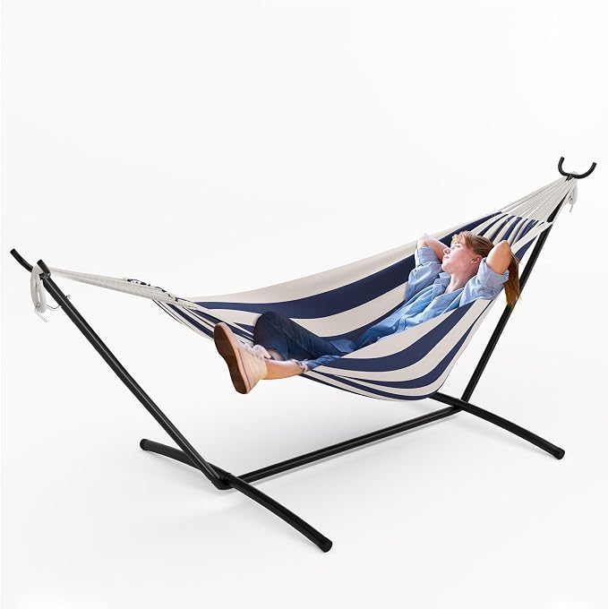 Double Hammock with Stand for Outdoor Use, 2 Person Heavy Duty Hammock with Steel Frame Stand, Portable Hammock for Patio, Yard & Garden, Easy Assembly, 450 Lbs Capacity-Blue White