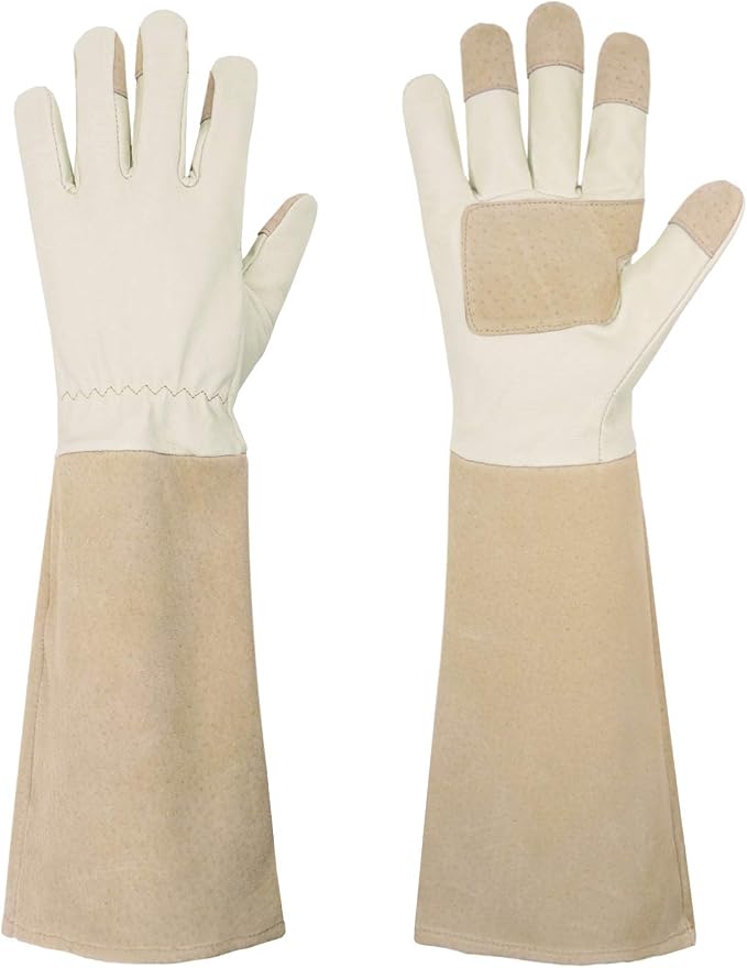 HANDLANDY Rose Pruning Gloves for Men Women, Thorn Proof Gardening Gloves | Long Leather Gardening Gloves, Breathable Leather Gauntlet, Best Garden Gifts & Tools for Gardener (Beige, XL)