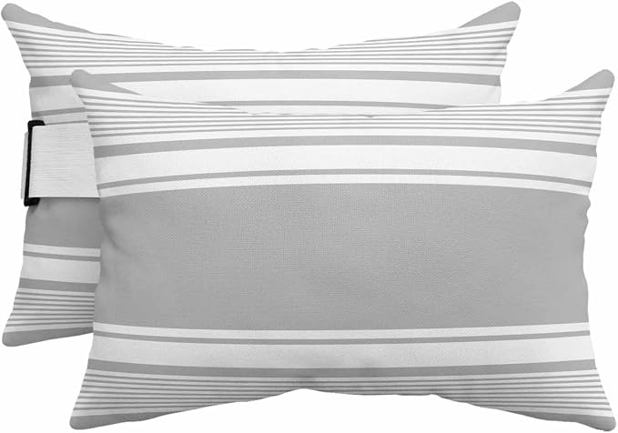 Outdoor Lumbar Pillow Set of 2, Farmhouse Grey Waterproof Beach Headrest Pillow with Inserts, Farmhouse Gray Line Striped Recliner Throw Pillows for Patio Furniture, 11 x 16