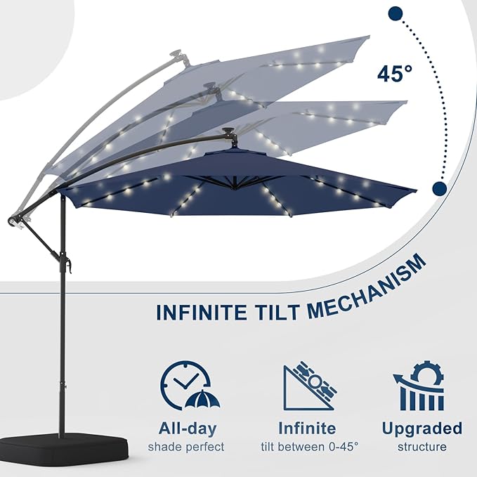 EROMMY 10FT 40-LED Solar Lighted Patio Umbrella with Base Included, Outdoor Offset Cantilever Umbrella, Infinite Tilt, Crank and Cross Base, UV Protection for Backyard, Lawn, Garden & Pool