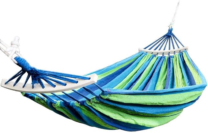 Outdoor Camping Canvas Fabric Portable Garden Ultralight Striped Hammocks with Strong Rope (100 cm, Wooden Curved Strip, Blue)