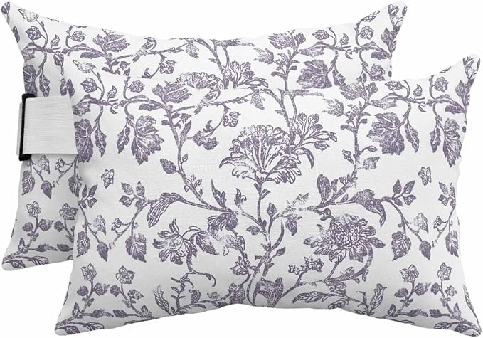 Pack of 2 Outdoor Lumbar Pillow Covers 11x16 Inch, Grey-Purple Flower Waterproof Throw Pillow Covers Set, Vintage Farmhouse Boho Leaf Spring Indoor&Outdoor Cushion Cases for Patio Porch Beach