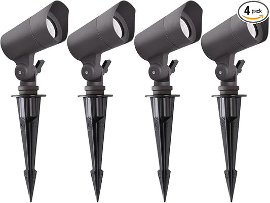 E ENERGETIC LIGHTING LED Landscape Lights with Connectors, 12V Low Voltage, Warm White 3000k, 4W, 175LM, Outdoor Waterproof Garden Pathway Lights Wall Tree Flag Spotlights with Spike Stand, 4 Pack