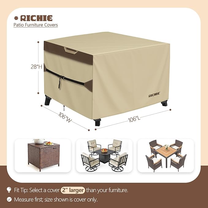 RICHIE Outdoor Patio Furniture Cover - Heavy Duty Waterproof 600D Tough Canvas Protector for Square Table Cover, All-Season Dining Table and Chair Cover (106L x 106W x 28H Inch)