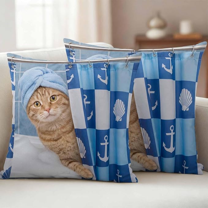 Bathing Cat Waterproof Outdoor Pillow Covers Set of 2 Home Decor, Funny Animal Showering Pillowcase Patio Pillow Covers for Couch Bench Patio Furniture Garden 26x26in