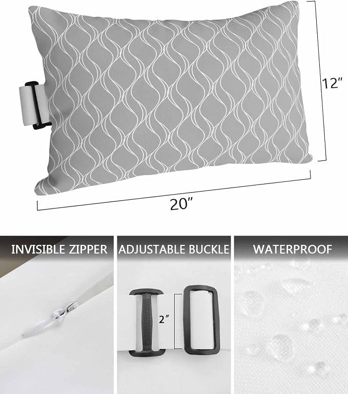 Pack of 2 Outdoor Lumbar Pillow Covers 12x20 Inch, Grey White Stripes Waterproof Throw Pillow Covers Set, Simple Geometric Modern Monochrome Indoor&Outdoor Cushion Cases for Patio Porch Beach