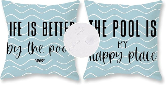 TAJWE Outdoor Pillow Covers 18x18 Inch Set of 2 Wave Life is Better by The Pool Blue Waterproof Decorative Throw Pillowcases Farmhouse Square Cushion Cases for Patio Furniture Garden Bench Porch Decor