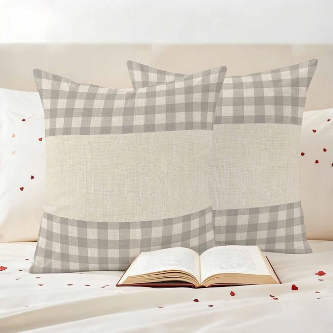Retro Grey Outdoor Waterproof Pillow Covers, Farmhouse Buffalo Plaid Vintage Beige Decorative Square Throw Pillowcase Sofa Cushion Sham for Patio/Couch/Chair, 24"x24" 2 Pack