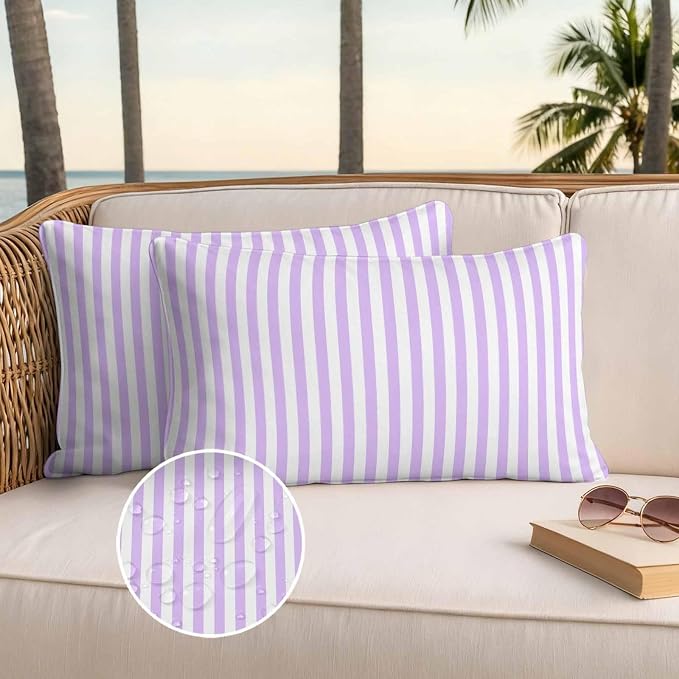 Lumbar Pillow Covers 20x12 Inch Set of 2, Purple White Stripe Waterproof Outdoor Cushion Covers, Modern Minimalist Geometric Striped Decorative Pillowcases for Couch, Sofa, Bed, Garden, Patio