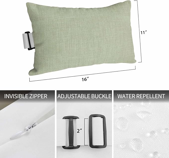 1PCS Outdoor Pillow for Chaise Lounge Chair Vintage Sage Green Linen Style Waterproof Headrest Cushion with Insert Country Pastoral Solid Color Lumbar Pillow for Beach Patio Poolside Office,11x16in