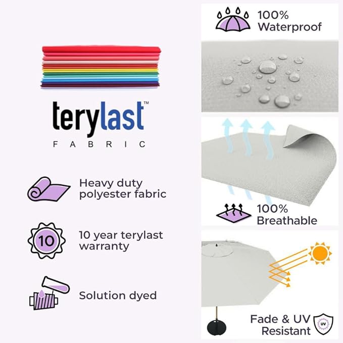 Midtown Umbrellas The LED Swilt 9 Feet Patio Umbrella With Terylast Off Cream (Off White) Polyester Fabric - Auto-Tilt Aluminum Frame With LED Lights For Backyard, Deck, Garden, Pool - Black Pole