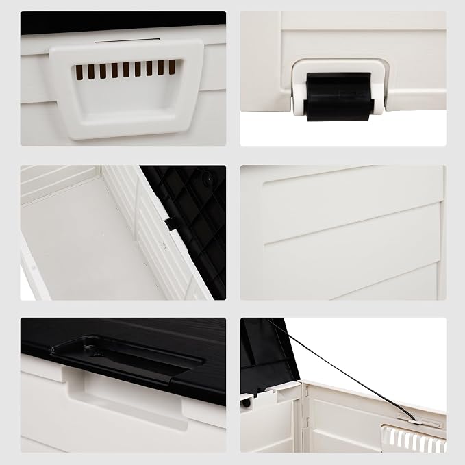 75 Gallon Large Outdoor Storage Box, Indoor and Outside Deck Box with Lockable Design Lids, Waterproof Resin Storage Containers Bin for Garden Garage Patio Poolside Toy Storage Black & White