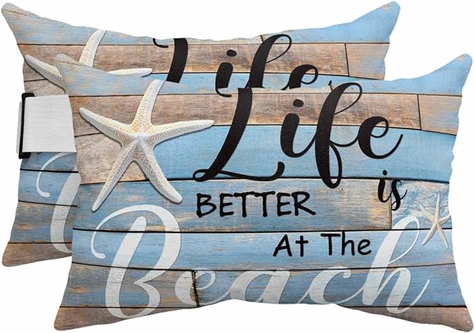Beach Life with Starfish Outdoor Head Pillows for Recliner Lounge Chair,Pack of 2 Waterproof Throw Pillow Cushion Cases with Insert&Elastic Strap,Vintage Wooden Plank Neck Pillow for Patio Beach