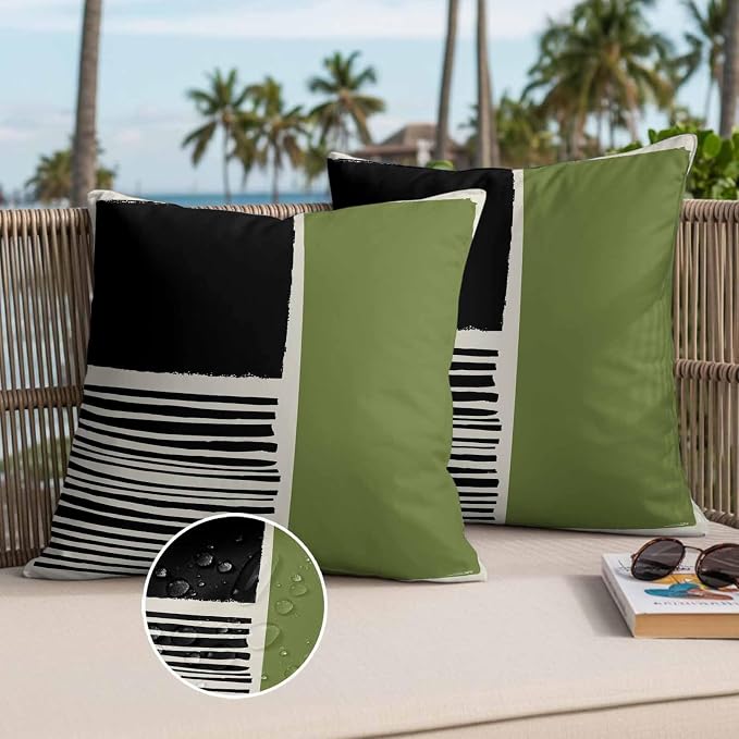 Throw Pillow Covers 26x26 Inch Set of 2, Sage Green Black Waterproof Outdoor Pillow Covers, Farmhouse Striped Modern Abstract Art Decorative Cushion Pillowcases for Couch, Sofa, Bed, Garden, Patio