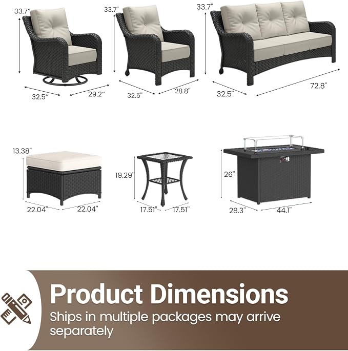 10 Pieces Outdoor Furniture Set with 6-inch Cushions, High Back Wicker Swivel Rocker Chairs with Fire Pit Table, Luxury Conversation Set for Deck Patio and Poolside