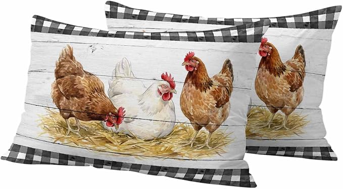 Farmhouse Rooster Outdoor Waterproof Pillow Covers, Farm Chicken Animals Retro Grey Wooden Decorative Rectangle Throw Pillowcase Sofa Cushion Sham for Patio/Couch/Chair, 20"x12" 2 Pack