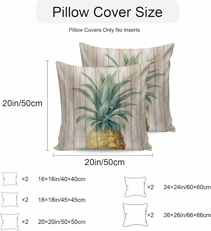 Vandarllin Outdoor Throw Pillows Covers 16x16 inch Set of 2 Waterproof Pineapple Decorative Zippered Cushion Covers for Patio Furniture, Summer Tropical Fruit Wood Lumbar Pillowcases