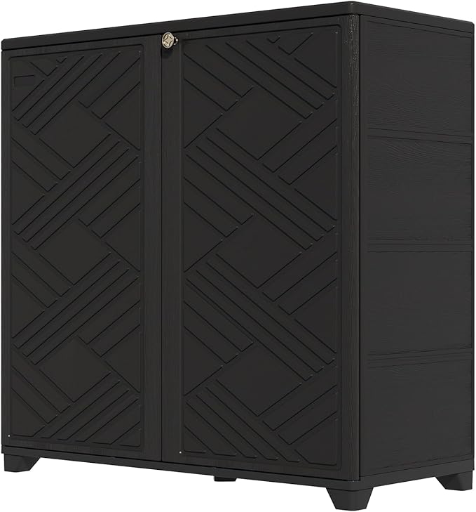 HOMSPARK Indoor/Outdoor Storage Cabinet with Doors, 34”x15”x34” HDPE Plastic Storage Box for Bedroom, Bathroom, Living Room, Balcony, Multi-Purpose for Daily Tools, Black