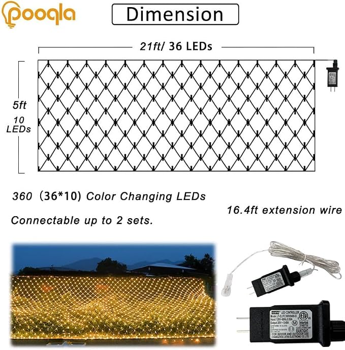 Pooqla Warm White Net Lights, 21x 5ft Christmas Lights Outdoor Clear Wire | 360 LED Large Net Mesh Lights Plug in, 8 Modes Waterproof Connectable Bushes Lights for Christmas Hedge Yard Decor