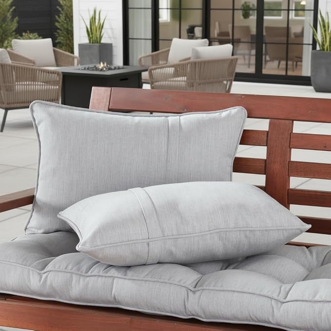 Sunbrella Rectangular Outdoor Throw Pillows 21x14 Set of 2 - Corded Lumbar Patio Accent Pillows with Pleated Design & Removable Zipper Covers – Weather & Fade Resistant Pillows, Canvas Granite