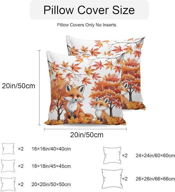 Orange Fox Outdoor Waterproof Pillow Covers, Thanksgiving Maple Leaves Autumn Trees Decorative Square Throw Pillowcase Sofa Cushion Sham for Patio/Couch/Chair, 20"x20" 2 Pack