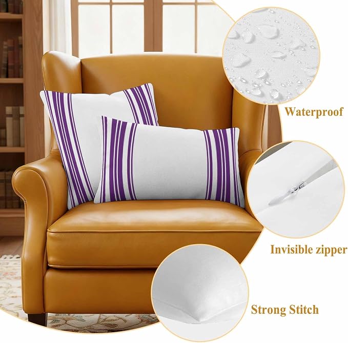 Outdoor Waterproof Throw Pillow Covers Set of 2 Purple Stripes Pillowcases 20x20 Inches White Vertical Striped Decorative Pillows Cushion Case Patio Pillows for Couch Bed Chair Garden