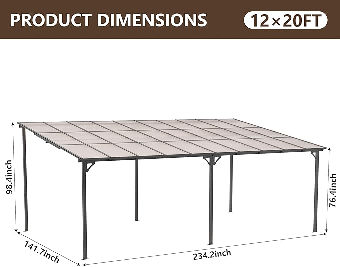 12' x 20' Lean to Gazeb,Hardtop Galvanized Steel Pergola with Sloped Polycarbonate Roof,Wall Mounted Gazebo Patio Canopy with Ground Anchor for Backyard Deck
