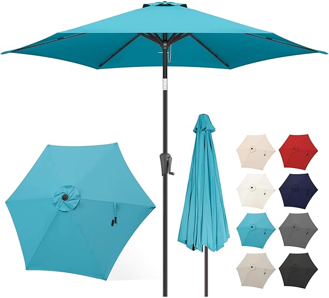 FLAME&SHADE 10ft Patio Umbrella - Outdoor Umbrella with 6 Sturdy Ribs, Push Button Tilt and Crank, UV Protection Table Market Umbrella for Pool, Porch, Garden, Deck, Backyard (Aqua Blue)