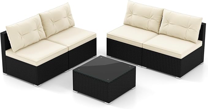 5 Pieces Patio Furniture Set, Outdoor Sectional Sofa with Tempered Glass Coffee Table & Cushions, Wicker Patio Conversation Set for Porch, Deck, Balcony, Poolside & Backyard