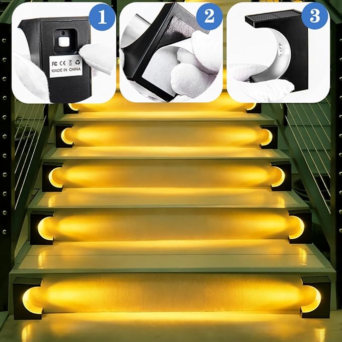 Upgraded Wireless Solar Step Lights. 5X Longer Life Than Ordinary. Strong 3M Adhesive + Screws. IP65 Waterproof for Stairs/Decks/patios. Reliable Performance(Warm White 4 Pack)